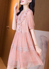 Load image into Gallery viewer, Elegant Pink V Neck Lace Ruffles Patchwork Tulle Dress Summer