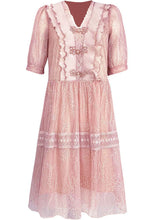 Load image into Gallery viewer, Elegant Pink V Neck Lace Ruffles Patchwork Tulle Dress Summer