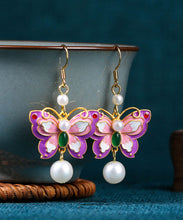 Load image into Gallery viewer, Elegant Purple Copper Overgild Acrylic Pearl Butterfly Drop Earrings