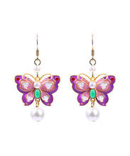 Load image into Gallery viewer, Elegant Purple Copper Overgild Acrylic Pearl Butterfly Drop Earrings