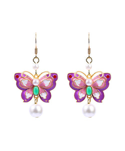 Elegant Purple Copper Overgild Acrylic Pearl Butterfly Drop Earrings