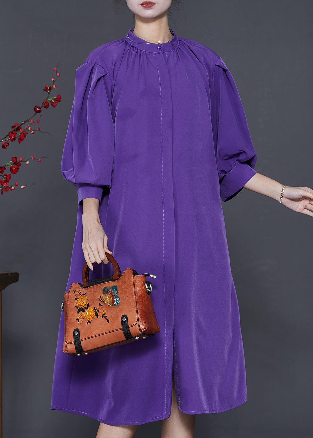 Elegant Purple Stand Collar Puff Sleeve Cotton Sundress