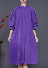 Load image into Gallery viewer, Elegant Purple Stand Collar Puff Sleeve Cotton Sundress