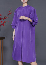 Load image into Gallery viewer, Elegant Purple Stand Collar Puff Sleeve Cotton Sundress