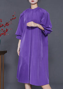 Elegant Purple Stand Collar Puff Sleeve Cotton Sundress