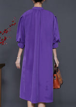 Load image into Gallery viewer, Elegant Purple Stand Collar Puff Sleeve Cotton Sundress