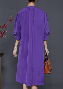 Elegant Purple Stand Collar Puff Sleeve Cotton Sundress