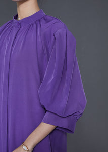 Elegant Purple Stand Collar Puff Sleeve Cotton Sundress