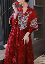 Load image into Gallery viewer, Elegant Red Embroidered Patchwork Lace Long Dress Spring