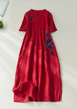 Load image into Gallery viewer, Elegant Red Embroidered Side Open Long Dress Short Sleeve