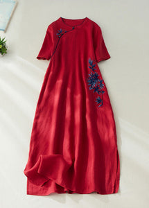 Elegant Red Embroidered Side Open Long Dress Short Sleeve