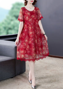 Elegant Red O Neck Print Lace Tulle Dress Summer