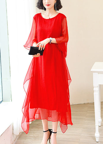 Elegant Red O-Neck Solid Ice Silk Long Dress Flare Sleeve