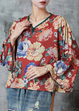 Load image into Gallery viewer, Elegant Red Oversized Print Linen Blouses Spring