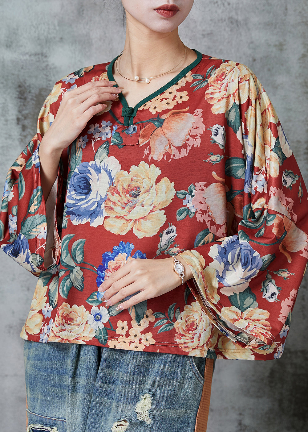 Elegant Red Oversized Print Linen Blouses Spring