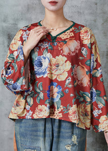 Elegant Red Oversized Print Linen Blouses Spring