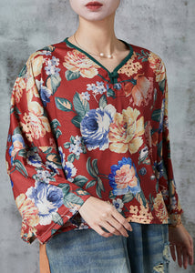 Elegant Red Oversized Print Linen Blouses Spring