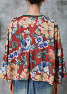 Elegant Red Oversized Print Linen Blouses Spring