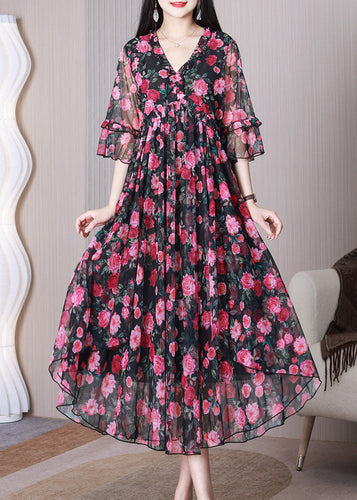 Elegant Red Print Ruffled Chiffon Long Dress Half Sleeve