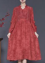 Load image into Gallery viewer, Elegant Red Ruffled Jacquard Cotton Robe Dresses Spring