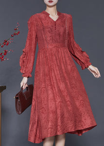 Elegant Red Ruffled Jacquard Cotton Robe Dresses Spring