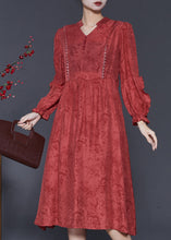 Load image into Gallery viewer, Elegant Red Ruffled Jacquard Cotton Robe Dresses Spring