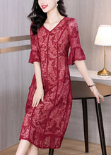 Load image into Gallery viewer, Elegant Red V Neck Embroidered Silk Dress Flare Sleeve