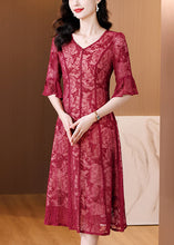 Load image into Gallery viewer, Elegant Red V Neck Embroidered Silk Dress Flare Sleeve