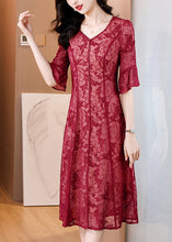 Load image into Gallery viewer, Elegant Red V Neck Embroidered Silk Dress Flare Sleeve