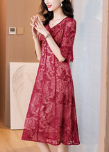 Load image into Gallery viewer, Elegant Red V Neck Embroidered Silk Dress Flare Sleeve