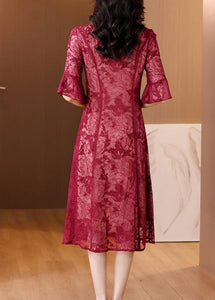 Elegant Red V Neck Embroidered Silk Dress Flare Sleeve