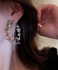 Elegant Silk Alloy Butterfly Patchwork Zircon C Shapes Hoop Earrings