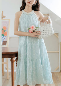 Elegant Sky Blue Pearl Bow Cotton Dresses Sleeveless