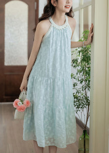 Elegant Sky Blue Pearl Bow Cotton Dresses Sleeveless