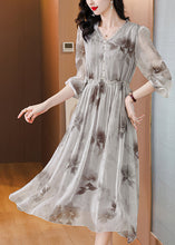 Load image into Gallery viewer, Elegant V Neck Print Ruffled Silk Chiffon Dresses Lantern Sleeve