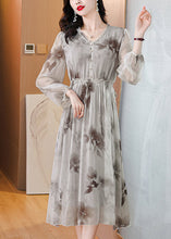 Load image into Gallery viewer, Elegant V Neck Print Ruffled Silk Chiffon Dresses Lantern Sleeve