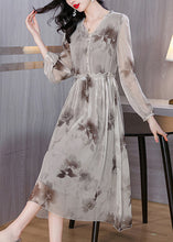 Load image into Gallery viewer, Elegant V Neck Print Ruffled Silk Chiffon Dresses Lantern Sleeve