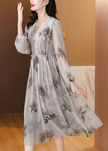 Load image into Gallery viewer, Elegant V Neck Print Ruffled Silk Chiffon Dresses Lantern Sleeve