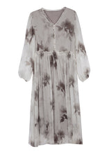 Load image into Gallery viewer, Elegant V Neck Print Ruffled Silk Chiffon Dresses Lantern Sleeve