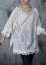 Load image into Gallery viewer, Elegant White Embroidered Floral Zircon Cotton Shirt Tops Summer