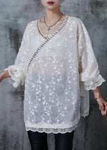 Load image into Gallery viewer, Elegant White Embroidered Floral Zircon Cotton Shirt Tops Summer