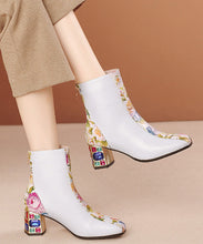 Load image into Gallery viewer, Elegant White Print Zircon Cowhide Leather Chunky Boots