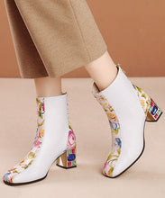 Load image into Gallery viewer, Elegant White Print Zircon Cowhide Leather Chunky Boots