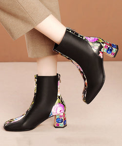 Elegant White Print Zircon Cowhide Leather Chunky Boots