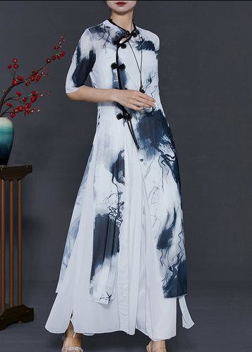 Elegant White Tie Dye Silm Fit Silk Oriental Two Piece Set Summer