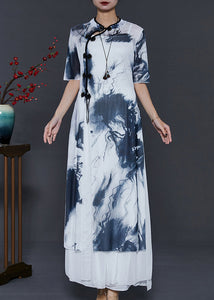 Elegant White Tie Dye Silm Fit Silk Oriental Two Piece Set Summer