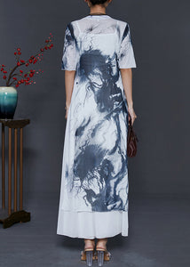 Elegant White Tie Dye Silm Fit Silk Oriental Two Piece Set Summer