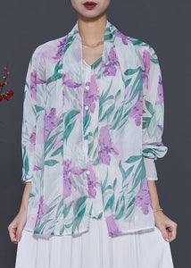 Elegant White Tulip Print Chiffon Fake Two Piece Shirt Spring