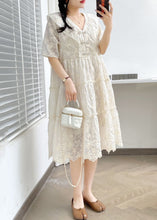 Load image into Gallery viewer, Elegant White V Neck Button Ruffled Cotton Dress Summer