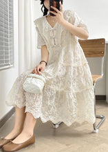 Load image into Gallery viewer, Elegant White V Neck Button Ruffled Cotton Dress Summer